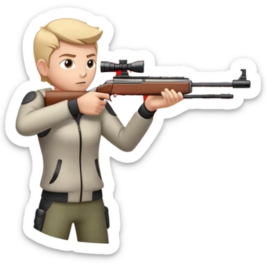 A focused shooter aiming a rifle at a target, standing in a shooting range with perfect posture. The target is in clear view, and the atmosphere is intense and precise, emphasizing concentration, accuracy, and discipline in the sport of shooting. sticker