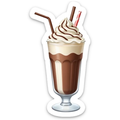 A thick, creamy milkshake in a tall glass with whipped cream on top and a straw sticker