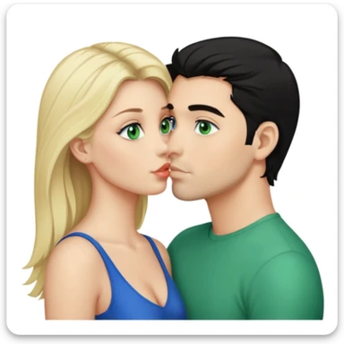 Blonde Woman, green eyes, Red thong, naked breast, Kissing man with blue eyes, black Hair, Background sea  sticker