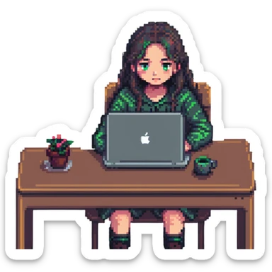 girl sitting at a desk with a MacBook, face partially hidden, cozy workspace, pixel art style sticker