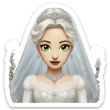 Hyper Realistic ornate ballgown long sleeve Wedding dress with diamanté on Russian bride with pale skin and green eyes and long black hair with veil and diamond jewelry hyper realistic  sticker