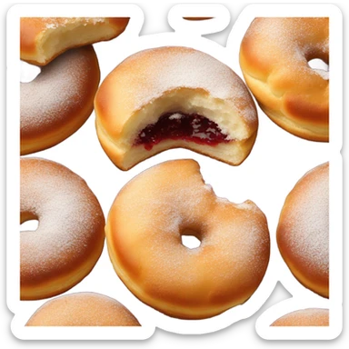 Pączki with powdered sugar on top and a bite taken out showing red filling sticker