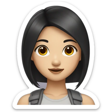 Asiatic girl with black ironed hair, brown eyes, sticker