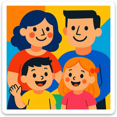 cartoon style small family, two parents and two children, smiling, bright colors sticker