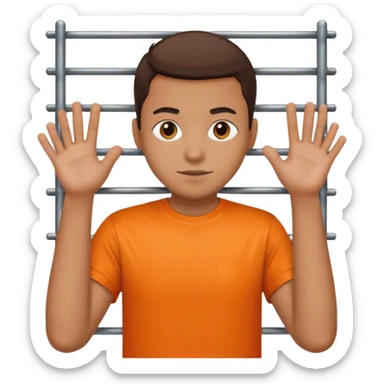 prisoner with orange shirt, many metal bars in front of him and he touches the bars sticker