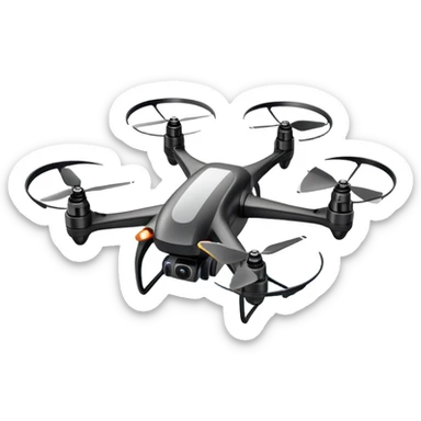 An icon showing a racing quadcopter drone in the foreground, flying at high speed through a course filled with obstacles and checkpoints. Other drones zoom in the background over a dynamic landscape. Transparent background highlights the thrill and precision of drone racing. sticker