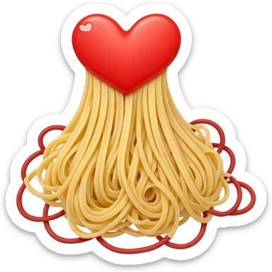 loose tangle of pale yellow cooked spaghetti with soft glossy texture and natural curves, strands slightly twisted and overlapping, freshly prepared dish, no bowl or chopsticks. Add tiny read hearts on the spaghetti sticker