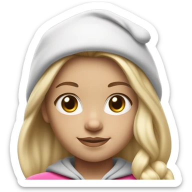 white raced, blonde hair with middle part, girl, long sleeve white lululemon shirt,  grey sweat pants, and a pink santa hat sticker