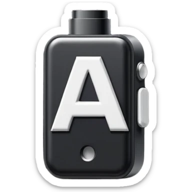 Pixel-art icon, letter [А], designed as mini vape pod. Square canvas, same style as other letters. Black/metallic, flat vector, white outline. sticker