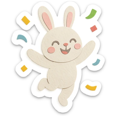 cotton bunny throwing confetti and spinning, full body, clean and polished, no imperfections, paper-craft style sticker