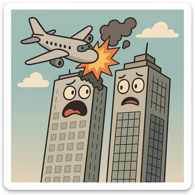 cartoon style of two skyscrapers with an airplane colliding with the left building sticker