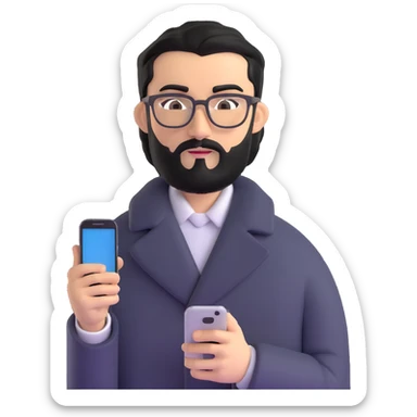 professional man standing, wearing black coat, with medium black beard, black hair neatly combed to one side, connected unibrow, olive tan skin, brown eyes, glasses, prominent nose, holding a smartphone sticker