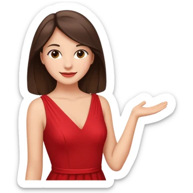 Cartoon emoji of a young brunette woman with fair-medium skin, brown eyes, wearing a red outfit. Full-height, standing confidently in a red dress  posing sexy with a smile and relaxed posture. Smooth, friendly, stylized, make up on, flirty eyes and smile in a sexy position  sticker