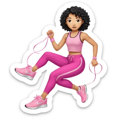 Mixed-race athletic woman with caramel skin, black curly hair, wearing pastel pink running shoes, tying laces sticker