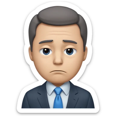 emoji character wearing a dark grey suit, white shirt, and blue tie. face has a very sad, disappointed expression with drooping eyebrows and half-closed eyes His posture is dejected, with slumped shoulders. he just rejected from his interview to get a job sticker