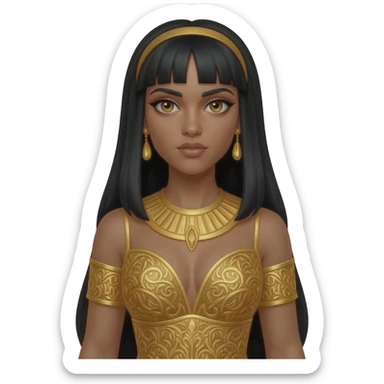 Cleopatra with hazel eyes, long black hair, gold metallic dress, gold necklace and earrings sticker