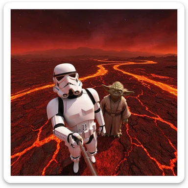Camera POV, Starwars stormtroopers vlogging selfie, he is walking on lava planet with yoda sticker