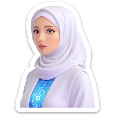 woman with white hijab wearing blue outfit, looking forward, surrounded by floating futuristic screens showing advanced holographic interfaces, AI visualizations, quantum data patterns, circuit networks, high-tech metaverse elements sticker