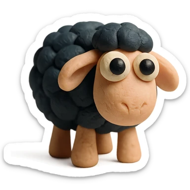 cute sheep with black wool and big eyes, soft pastel colors, hand-molded details, claymation style sticker