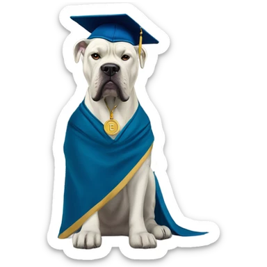 White and gold Cane Corso with glasses and cap and gown in front of the University. sticker