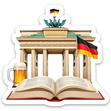 An icon featuring the Brandenburg Gate and the flag of Germany, symbolizing the German language. The design includes an open book with German text and a stein of beer, representing language learning and German culture. Transparent background sticker