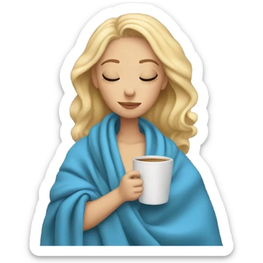 blonde girl inside a blue blanket sipping coffee eyes closed sticker