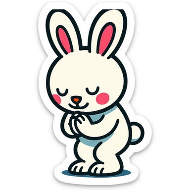 white bunny bowing politely, paws together, vibrant-toon style sticker