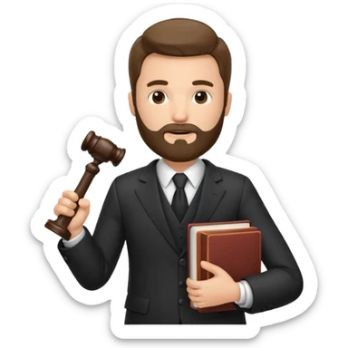 Create a male lawyer. he is wearing a fromal suit jckeret. He is holding a gavel in one hand and a book tucked under his another arm. He has beard  sticker