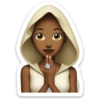 girl in hood under palm tree and engagement ring sticker