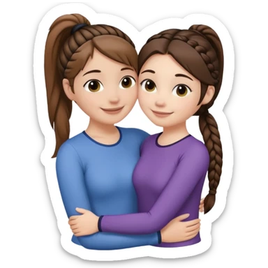 Comforting Hug two white skin women, one shorter woman with medium brown simple top ponytail, not braided, and one taller woman with a single long black side braid sticker