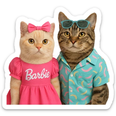 two cats together, one dressed as Barbie in pink, one as Ken in trendy clothes sticker