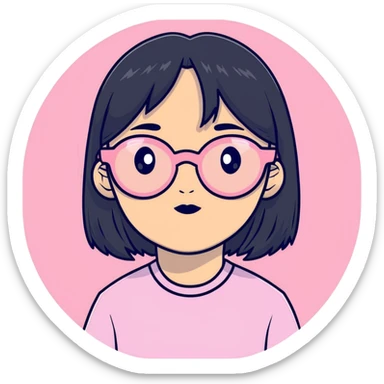 Asian ,girl, black straight hair long,pink round glasses sticker