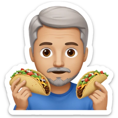 White man, blue eyes, brown gray hair, gray goatee, eating a taco sticker