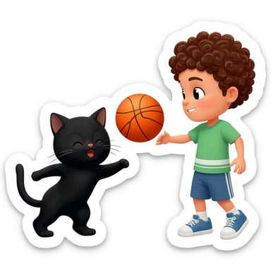 Black cat playing with orange basketball and a little boy with curly hair sticker