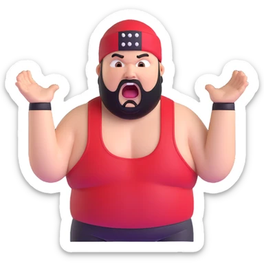 Extreme close-up of face of morbidly obese white skin guy with young face, prominent BLACK DURAG tied clearly on head, black beard but no mustache, clean shaven upper lip, black eyes in a red and black wrestling singlet with mouth wide open screaming angrily sticker