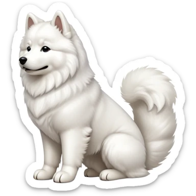 cinematic-[samoyed]-realistic-full-body-sitting-emoji,-tail-resting-loosely-beside-its-paws,-head-tilted-dramatically, -fluffy-[white]-fur,-simplified-yet-realistic-focused-features,-highly-detailed,-glowing-with-an-almost-sarcastic-glow sticker