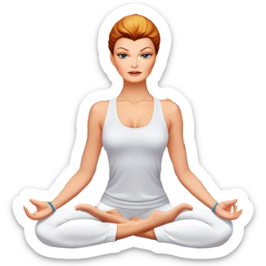 Linda Evangelista in yoga meditation on a colourful silken carpet sticker