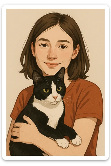 portrait of a white-skinned girl with brown hair holding a black and white cat, natural and warm expression, detailed face, affectionate look of the cat, simple background, modern illustration style sticker
