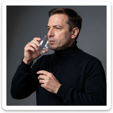 Vertical 2:3 photograph inspired by the reference image, featuring an elegant man in a black sweater, fasting theme. The man is drinking only water, holding a transparent glass, with a determined expression. Realistic style, clearly conveying the concept of fasting. sticker
