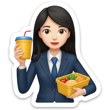 long dark haired woman with suit holding food container sticker