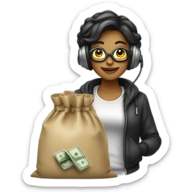 woman with a headset on next to a bag of money sticker
