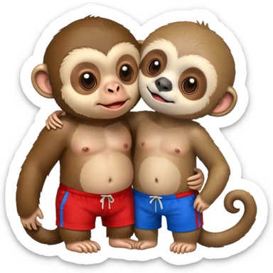 Monkey kissing a sloth with red and blue shorts om sticker