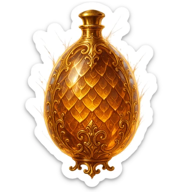 premium crystal elixir bottle in an oval shape with dragon egg motif, magical scale pattern, lots of glowing, edges, ornaments, golden details, magical effects, very small golden neck, transparent background, beautiful merging bottom, clearly floating in the air, no base or shadow, very luxurious, magical, fitting a collection sticker