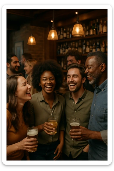 A realistic bar party scene with a diverse group of people socializing, laughing, and holding drinks, set in a cozy bar with warm lighting and wooden decor, 9:16 aspect ratio. sticker