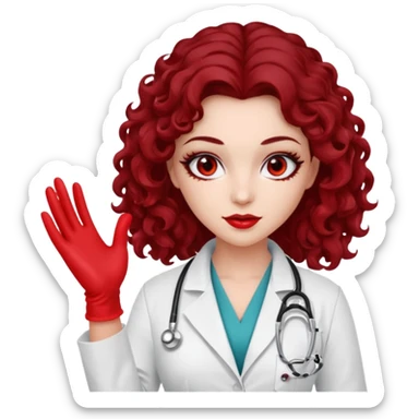 Lilith scalpel in hand, evil surgeon outfit.  She has red eyes. She has dark brown long curly hair. Wears sexy doctor outfit with red gloves sticker