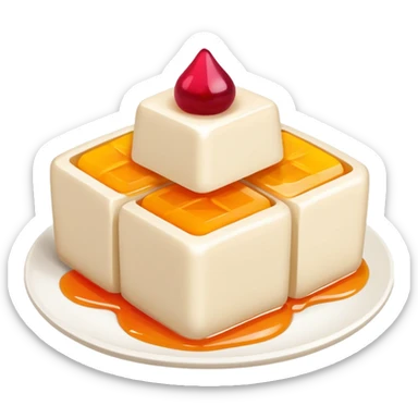 Almond tofu dessert with fruit topping, simplified emoji style with bold outlines and bright colors, cartoon style Xing Ren Doufu jelly sticker