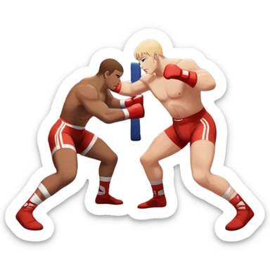 An icon depicting two wrestlers in a grappling stance on the mat, engaged in a fierce combat. One fighter attempts a takedown, while the other resists. The background shows a wrestling arena with bright lights and spectators around the edge of the ring. Transparent background  sticker