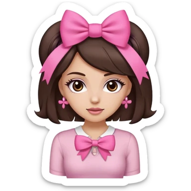 create a white girl but not too white medium tone with dark brown hair and dark brown eyes with flirty clothes and a bow in her hair the bow is pink but not too big  sticker