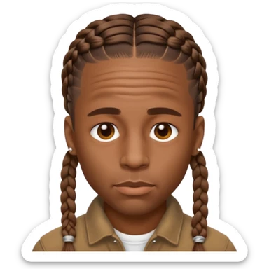 Create an iOS-style emoji of Travis Scott. Neutral facial expression, front-facing head only. Braided hair. Clean Apple emoji style, smooth shading, simple shapes, plain background. sticker
