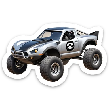 Satan’s and Vader (post race) Chardonnay Dirty and dented Local Motors Rally Fighter off road race car hot rod trophy truck-style basher flying on a dusty road (silver wheels) sticker